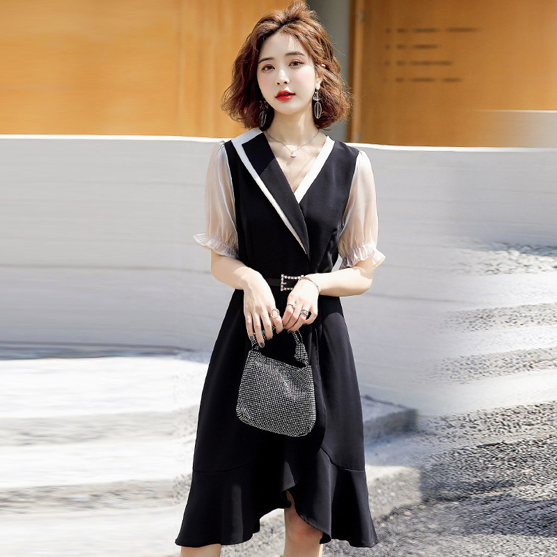 Papaya milk summer new Korean style elegant contrast color stitching mid-length slimming fashion short sleeve chiffon dress Papaya milk summer new Korean style elegant contrast color stitching mid-length slimming fashion short sleeve chiffon dress