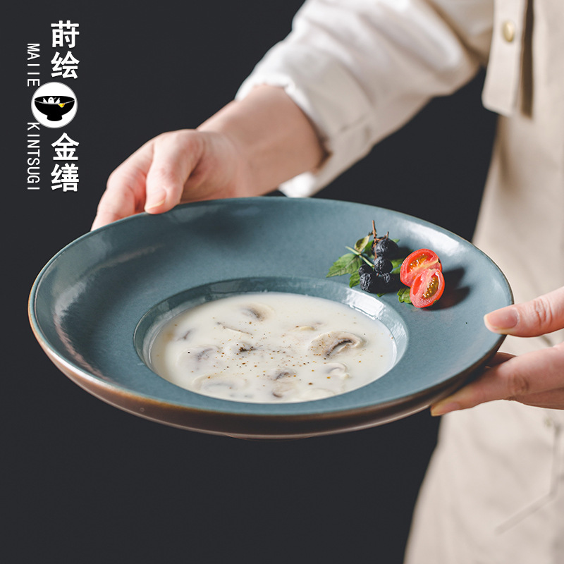 粗陶螺紋盤子日式創意餐具家用老式深盤菜盤湯盤復古手工做舊餐盤