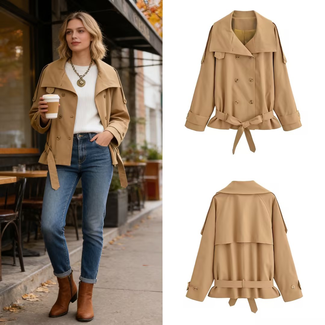 Trench corto da donna con collo alto giacca alla moda_voghion.com