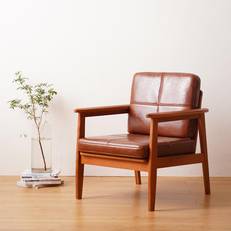 北欧现代简约单人沙发懒人休闲椅油蜡真皮羽绒复古沙发椅通体打磨