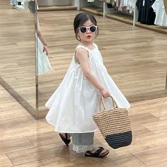 韓版女童2024夏季甜美純色蕾絲背心裙小白裙度假公主裙花邊蕾絲褲