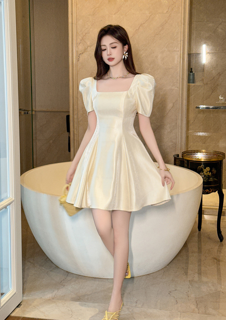 Váy liền tay ngắn màu mơ kiểu Pháp, eo thon dáng nhỏ, phong cách mối tình đầu — Màu mơ chi tiết 9