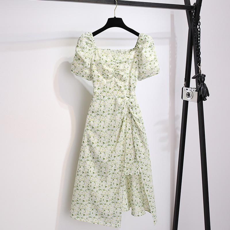 ティーブレイクフレンチグリーン小花柄シフォンドレス女性のための 2025 夏の新しいスクエアカラーパフスリーブスリットスカート|undefined