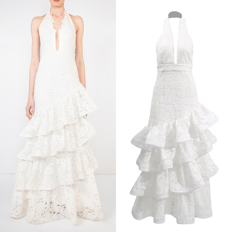 French Court Ball Pure White Halter Neck Backless Gown Long Dress 2026 New Style Waist-Cinching Tiered Skirt Hem Dress