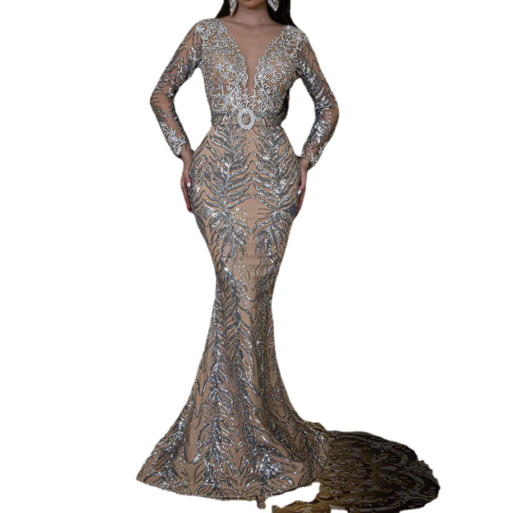 Vestido Largo Sexy Ajustado de Manga Larga con Lentejuelas Doradas, Estilo Europeo y Americano, Novedad de Primavera 2025
