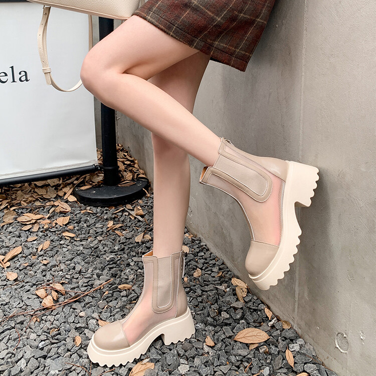 Boot ngắn nữ da bò mũi tròn đế dày thoáng khí khóa kéo sau — Màu đen, Màu mơ chi tiết 94