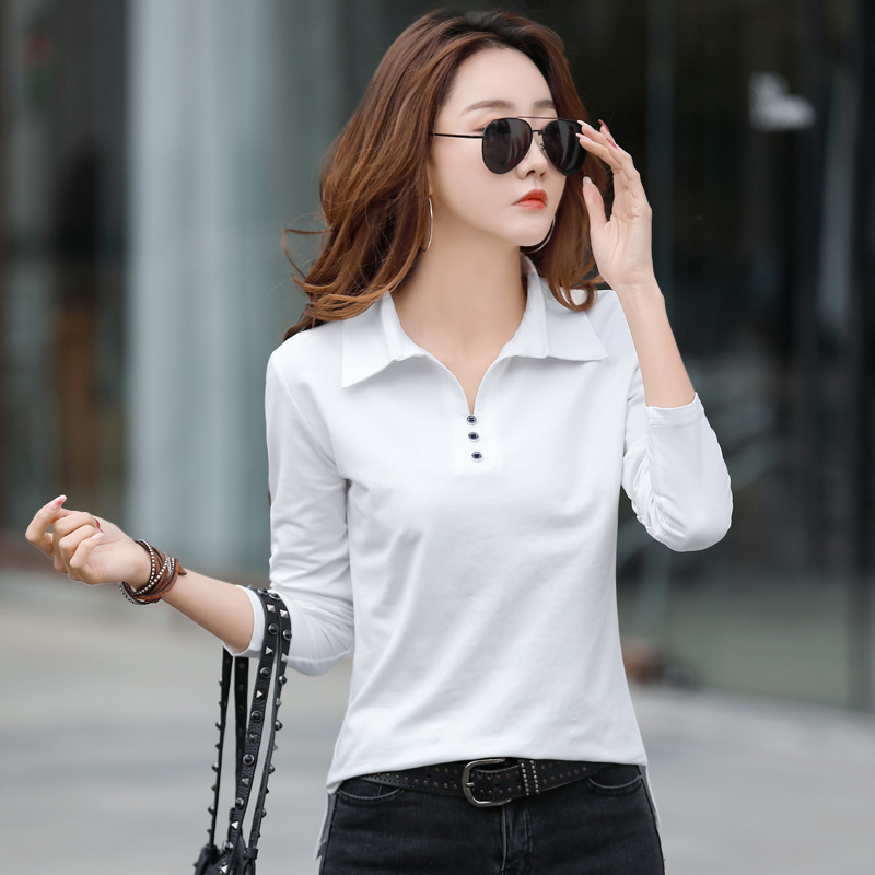 6658 Long-Sleeved Polo Collar Simple Outer Wear T-Shirt Women's Bottoming Shirt Spring and Summer New Slimming Look Pure Color 6658 Long-Sleeved Polo Collar Simple Outer Wear T-Shirt Women's Bottoming Shirt Spring and Summer New Slimming Look Pure Color