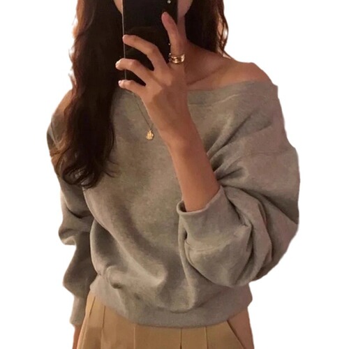 Chic temperament sexy pure desire one-shoulder shoulderless short-sleeved sweater women loose versatile long-sleeved solid color sweater women's fashion 