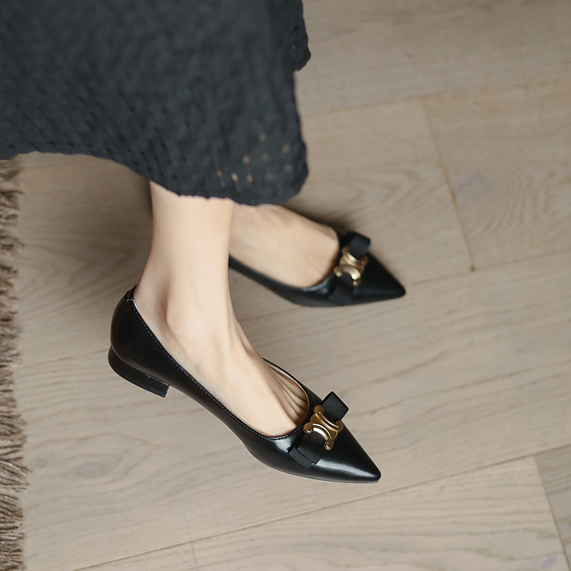 Xiaoxiangfeng temperamento zapatos individuales mujeres primavera y otoño nuevo estilo punta puntiaguda boca baja zapatos de mujer planos estilo coreano bowknot zapatos de trabajo de tacón grueso