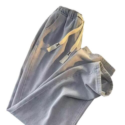 Spring and autumn jeans men's trend all-matching casual loose straight pants elastic waist long pants drawstring design
