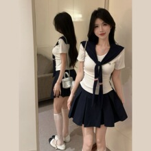 学院风海军领短袖T恤套装女夏季掐腰上衣百褶短裙chic甜辣两件套