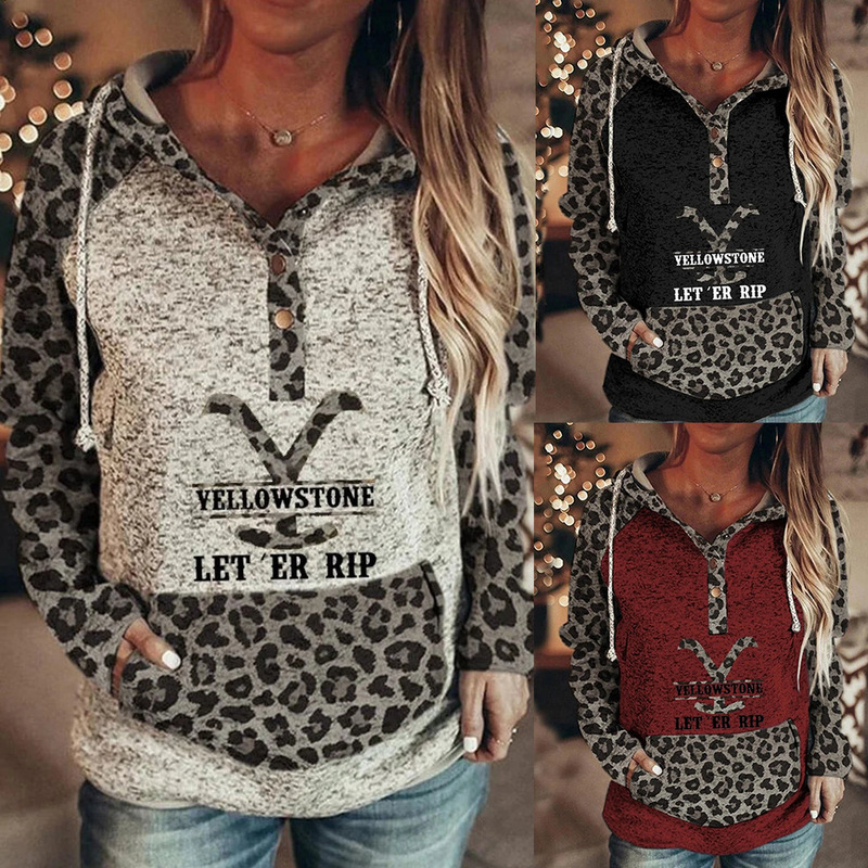 Cross-border Amazon independent station shopify leopard stitching Yellowstone Yellowstone park printed women's sweater Cross-border Amazon independent station shopify leopard stitching Yellowstone Yellowstone park printed women's sweater