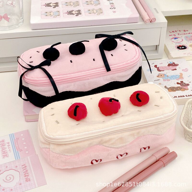 かわいいチェリーケーキぬいぐるみ鉛筆バッグインガールハート大容量化粧品バッグ学生文具鉛筆収納袋|undefined