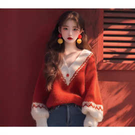 秋冬新款慵懒风高级感复古圣诞毛衣软糯灯笼袖V领红色针织上衣女