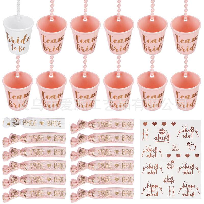Bachelor party Team bride bridesmaid small wine glass wristband sticker macaron pink bead chain Cup