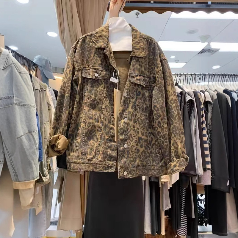 European Street Leopard Denim Coat Women's Spring and Autumn American Retro Loose plus size Casual Work Jacket Trendy Top