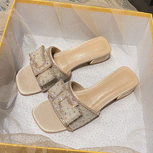 中跟拖鞋女夏外穿2025新款ins潮水钻仙女露趾时尚凉拖大码41一43