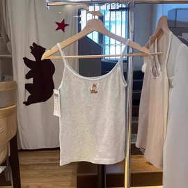 BM风美式复古灰色小鹿刺绣吊带背心女bm辣妹修身打底高腰短上衣潮