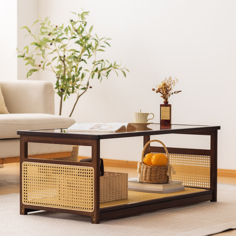 Mesa de centro, mesa rectangular de ratán de bambú, sala de estar, hogar, apartamento pequeño de estilo japonés, mesa de té de nogal moderna simple