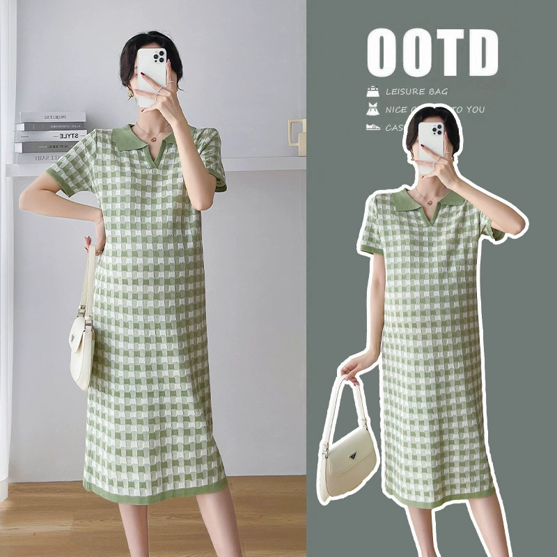 Материнство 2023 Летнее Новое Материнство плед V-образным вырезом вязаное платье для беременных кормящих