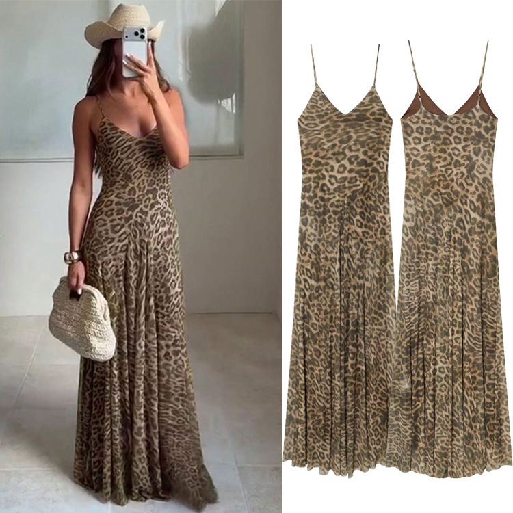 Cross-Border Women's Fashion European and American Style Leopard Print Spaghetti Strap Long Dress, New Summer V-Neck Slim-Fit Elegant Dress Cross-Border Women's Fashion European and American Style Leopard Print Spaghetti Strap Long Dress, New Summer V-Neck Slim-Fit Elegant Dress