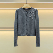 沫淑薇雅2025秋季新款百搭圆领蝴蝶结钉珠单排扣长袖针织衫5M13D