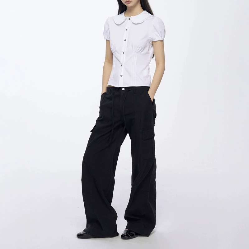 Archivum Lace Ruffle Doll Collar Shirt with Shell Buttons, Slim Fit Design, Short Sleeve T-Shirt for Summer Archivum Lace Ruffle Doll Collar Shirt with Shell Buttons, Slim Fit Design, Short Sleeve T-Shirt for Summer