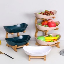 创意三层多层水果盘欧式陶瓷干果盘竹木架家用零食盘糖果托盘果篮