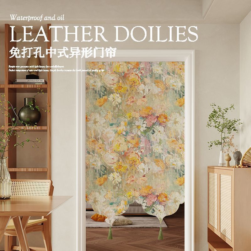 Oil Painting Style Door Curtain Partition Curtain for Entryway, Kitchen Half Curtain, Bedroom Privacy Blocking Curtain, Bathroom Magic Tape Fabric Curtain