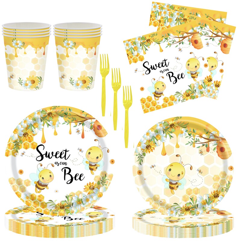 Spring bee party tableware bumblebee children's birthday decoration supplies disposable paper plate tablecloth paper cup suit