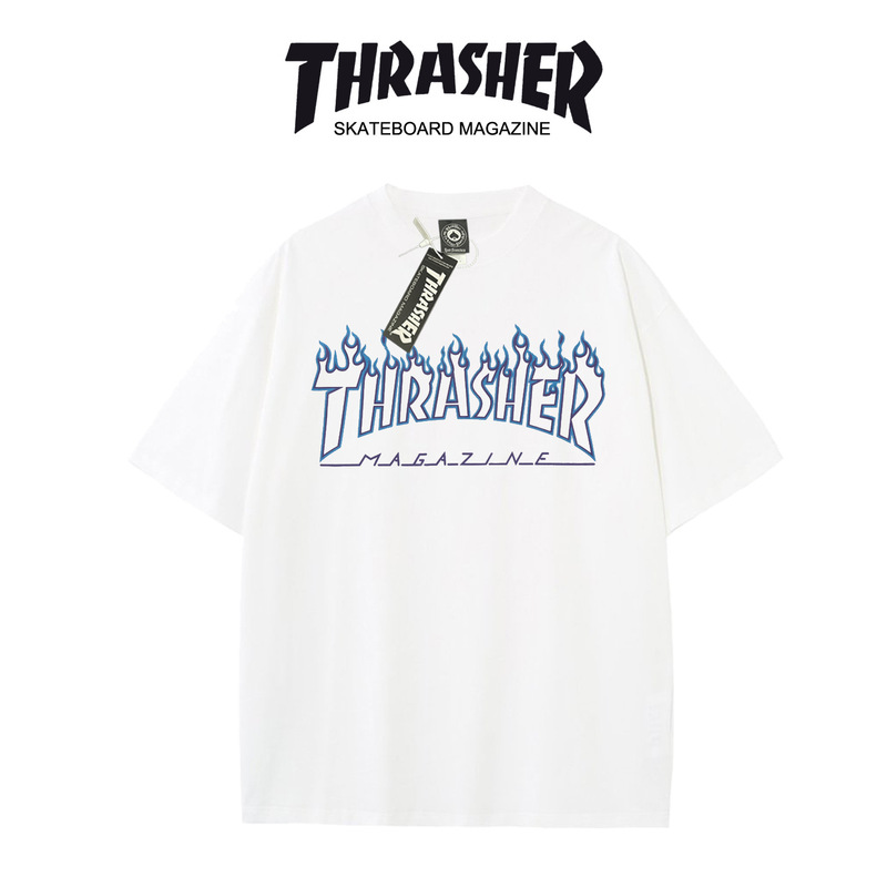 Thrasher Flame Short-Sleeve T-Shirt Trendy Brand Unisex Couple Casual Loose Blue Flame Print Top Half-Sleeve Cross-Border Thrasher Flame Short-Sleeve T-Shirt Trendy Brand Unisex Couple Casual Loose Blue Flame Print Top Half-Sleeve Cross-Border
