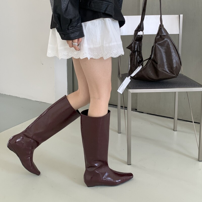 欧美风大筒极简风长靴女2025新款ins风尖头复古骑士靴坡跟瘦瘦靴|undefined