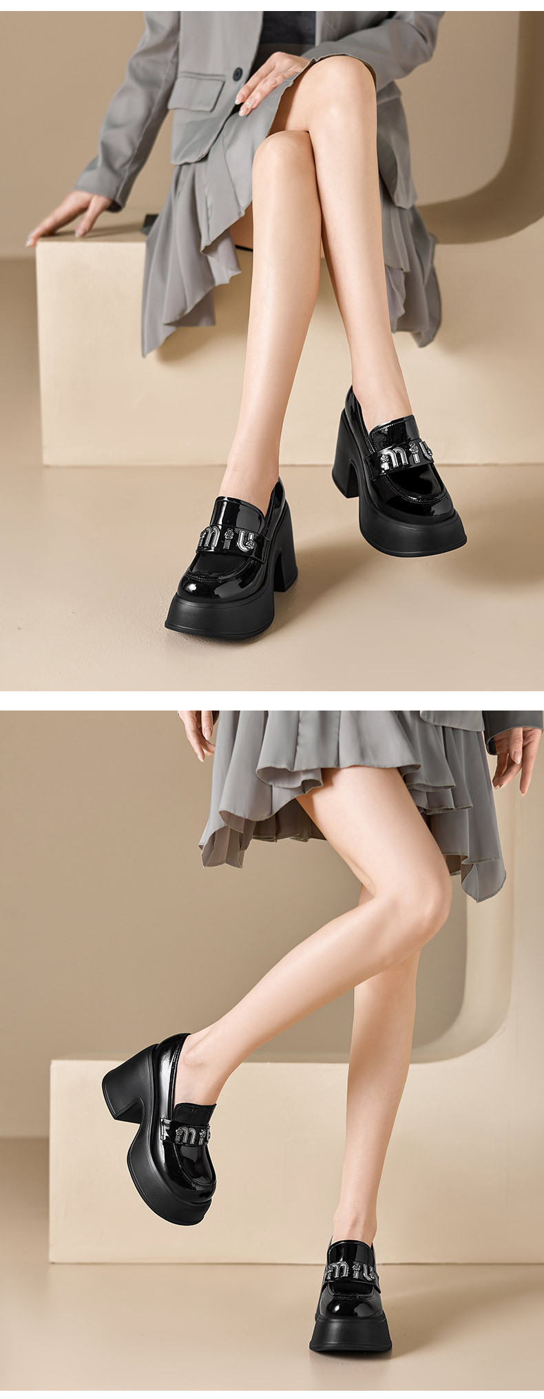 Giày loafer nữ cao gót đế xuồng phong cách Anh quốc, mũi nhọn, chất liệu sơn bóng, gót 6 cm — màu đen, màu trắng ngà chi tiết 9