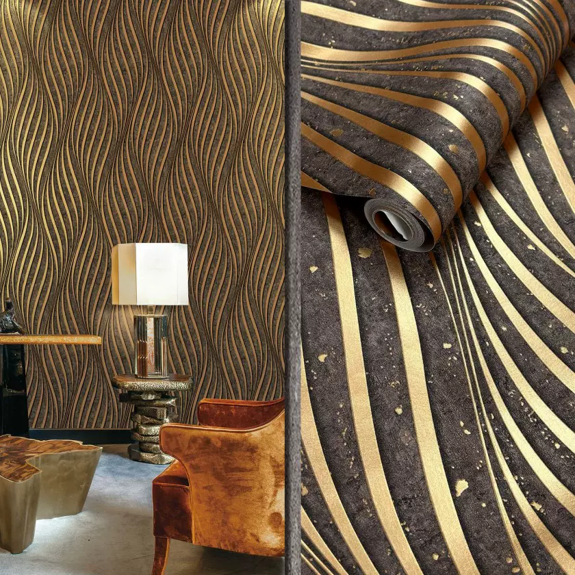 现代简约3D立体压纹烫金边波浪纹壁纸客厅背景墙酒吧餐厅特色墙纸