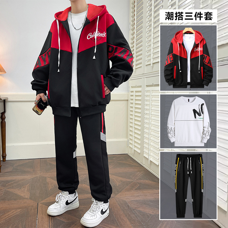 Primavera y otoño nuevo hombre de tres piezas guapo estudiante de secundaria ocio juego de camiseta deportiva de hombre chaqueta pantalones largos