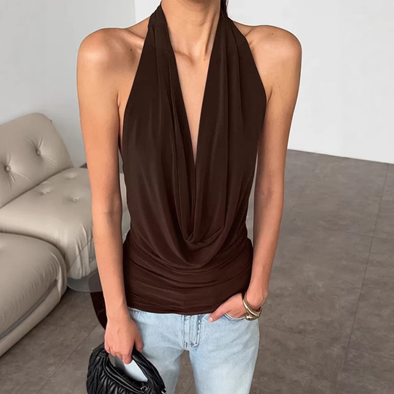 French-Style Sexy Brown Halter Neck Draped Tank Top for Women, Summer 2026, High-End Knit Backless Swing-Neck Top for Women French-Style Sexy Brown Halter Neck Draped Tank Top for Women, Summer 2026, High-End Knit Backless Swing-Neck Top for Women