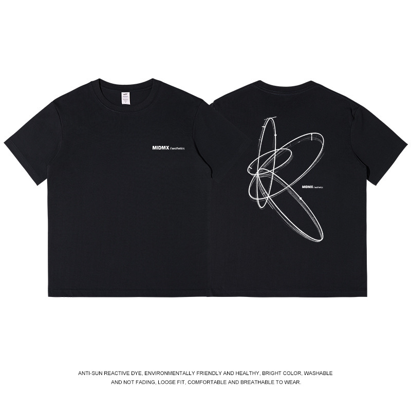 全国トレンド幾何学模様プリント Tシャツメンズ夏 ootd 白半袖コットンラウンドネックトップ女性 ins トレンド卸売|undefined
