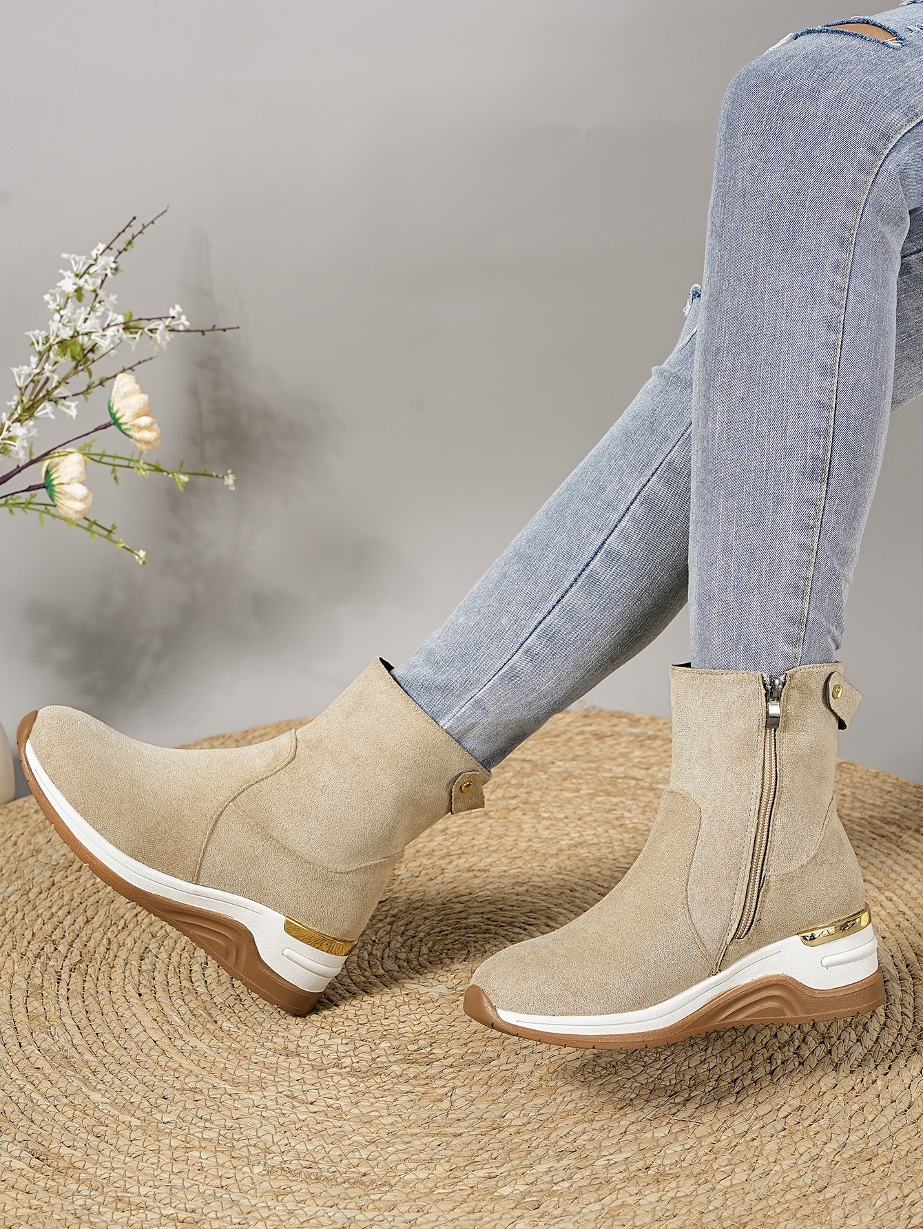 Women's Suede Wedge Ankle Boots With Side Zipper And Platform_voghion.com