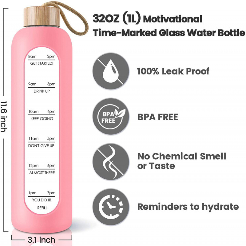 Nuevos vasos de vidrio transfronterizos de 1000ml de gran capacidad con cubierta de bambú taza de mano con escala de tiempo de silicona cubierta de taza de agua