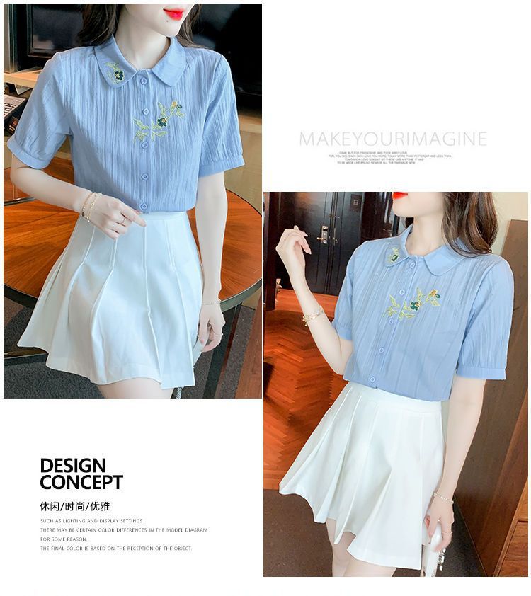 夏装2024年新款时尚纯棉衬衣女洋气全棉短袖气质女士衬衫刺绣上衣详情18