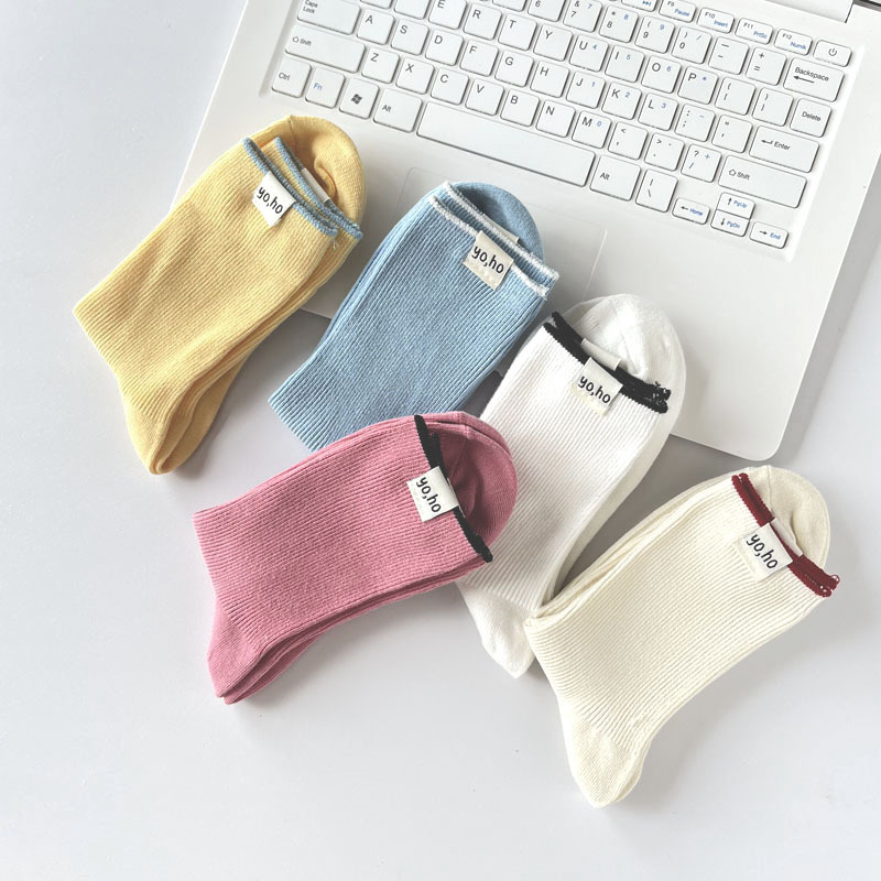 Dopamine tide cream colored children's spring and summer breathable middle tube pile fabric label women's socks, double_voghion.com