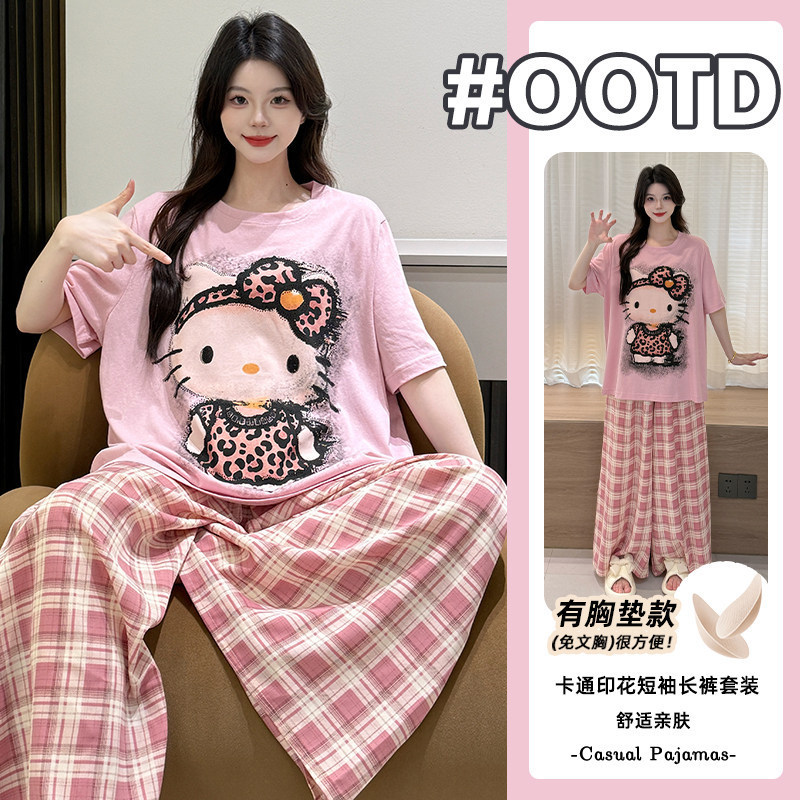 Pajamas for Women Hellokitty Summer Short-Sleeved Pants Korean Style Sweet Loose Home Clothes Two-Piece Korean Style Suit Summer Pajamas for Women Hellokitty Summer Short-Sleeved Pants Korean Style Sweet Loose Home Clothes Two-Piece Korean Style Suit Summer