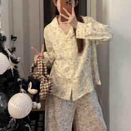 婴儿棉碎花睡衣女春秋款长袖长裤套装宽松甜美家居服可外穿