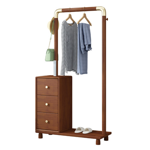 Modern Minimalist Chinese-style Solid Wood Wardrobe Rack with Drawers, Bedroom Clothes Drying Rack, Floor Storage and Display Shelf with Night Light