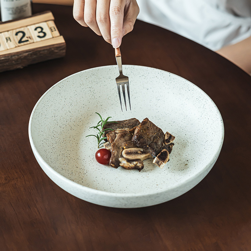 Retro sésamo esmaltado cerámica bocadillo práctico tazón grueso gran tazón redondo casero cubiertos tazón de carne de carne de comida occidental