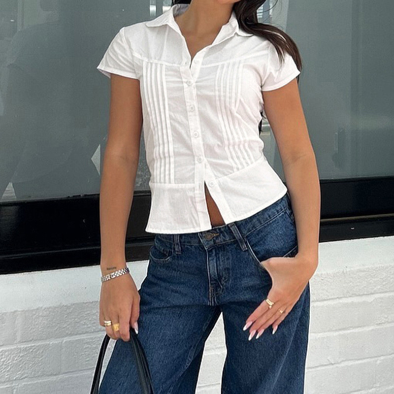 夏季风琴褶皱翻领排扣纯色短袖衬衫甜美少女时尚收腰显瘦短上衣女|undefined