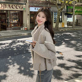 燕麦色设计感流苏双面羊绒大衣女短款小个子高端全毛重工呢子大衣