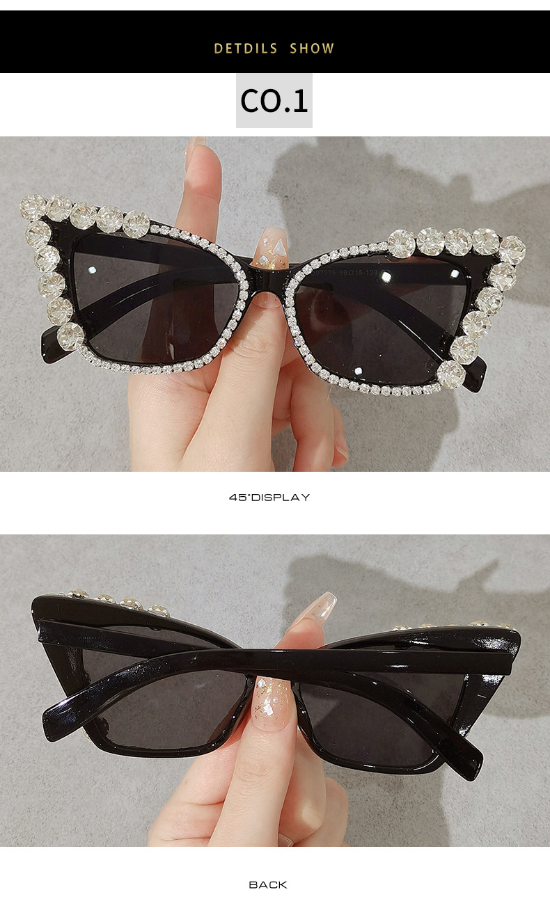 Solid Color Pattern Fashion Solid Color Ac UV400 Protection Cat Eye Diamond Full Frame Women's Sunglasses