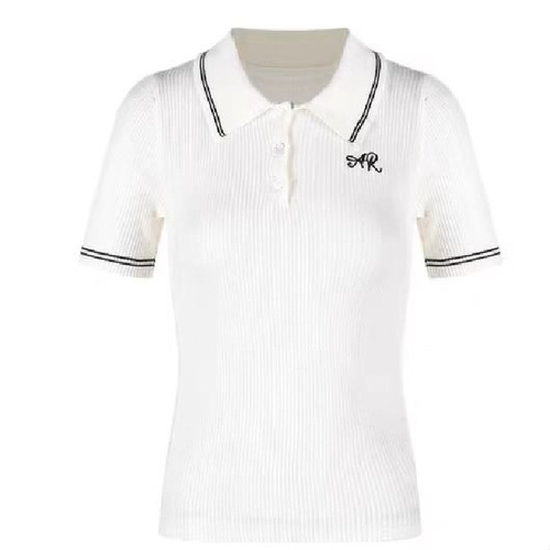 Contrast-color embroidery polo-neck short-sleeved knitted T-shirt women's summer slim waist waist design temperament figure top