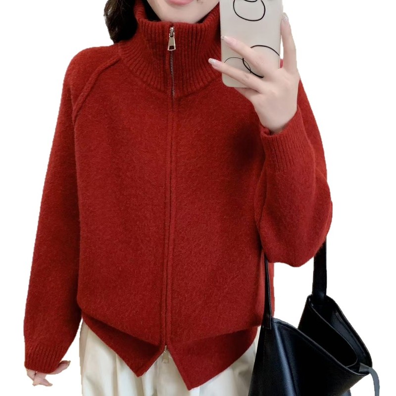 跨境慵懒风毛衣外套女2025秋冬新款韩系纯色立领拉链针织开衫|undefined